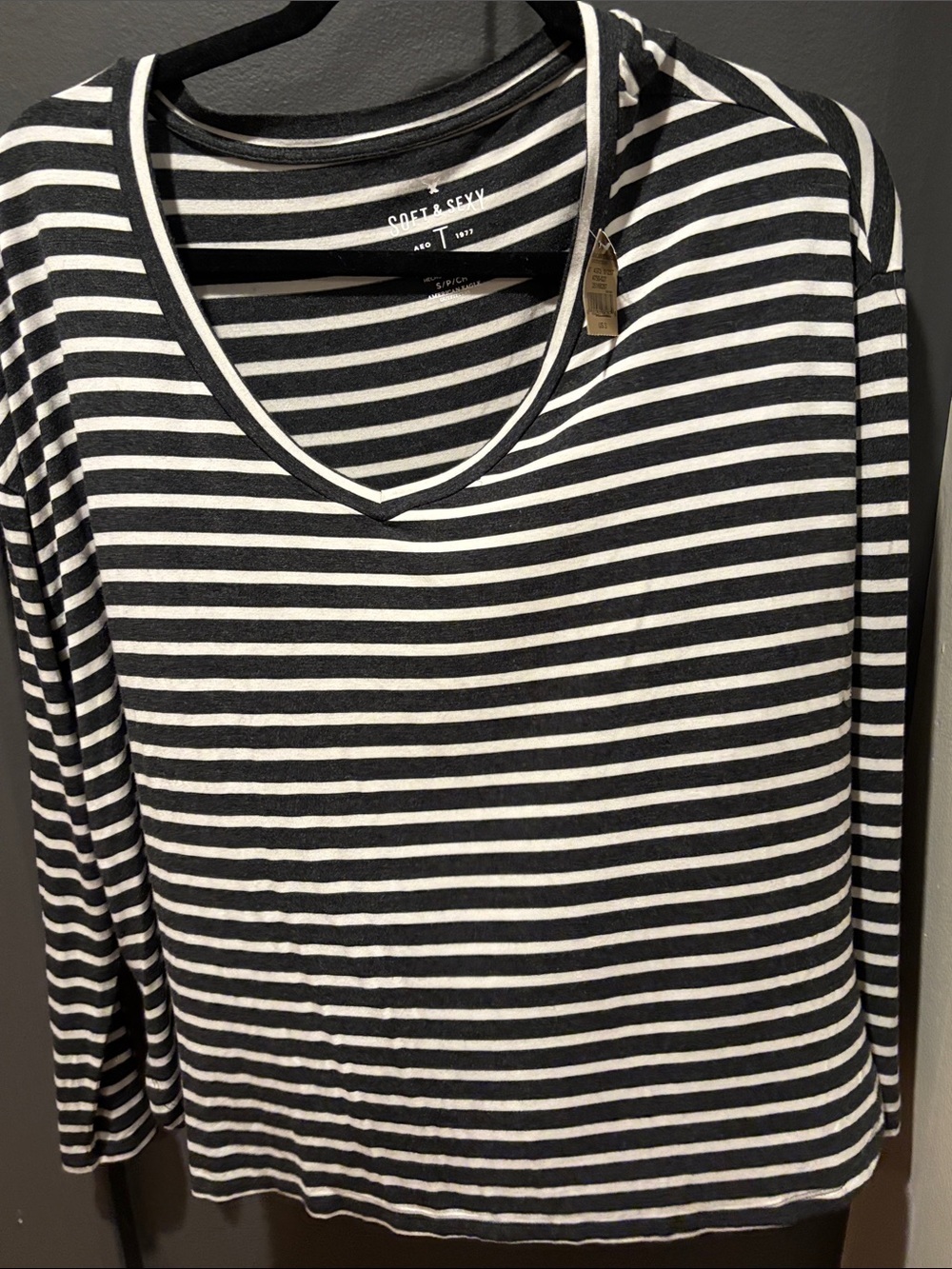 American Eagle Outfitters Black and White Striped V-Neck Long Sleeve Top